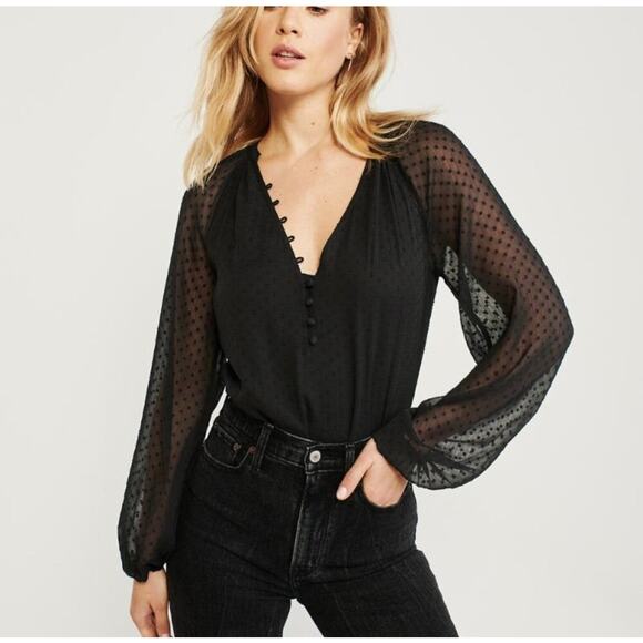 Abercrombie & Fitch Tops - Abercrombie & Fitch Black Swiss Dot Chiffon
Sheer Balloon Sleeve Button Bodysuit